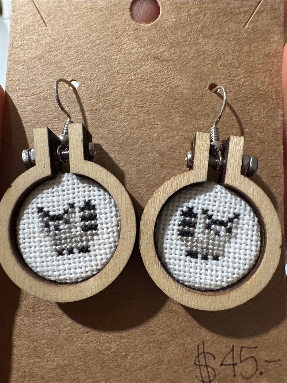 Handmade Cross Stitch Raccoon Hoop Earrings